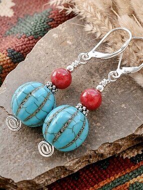 Turquoise Southwest Dangle Earrings Red Quartz Boho Sterling Silver